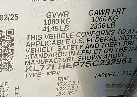 2025 Chevrolet Trax Fwd Lt from USA, damaged, VIN KL77LHEP7SC232961